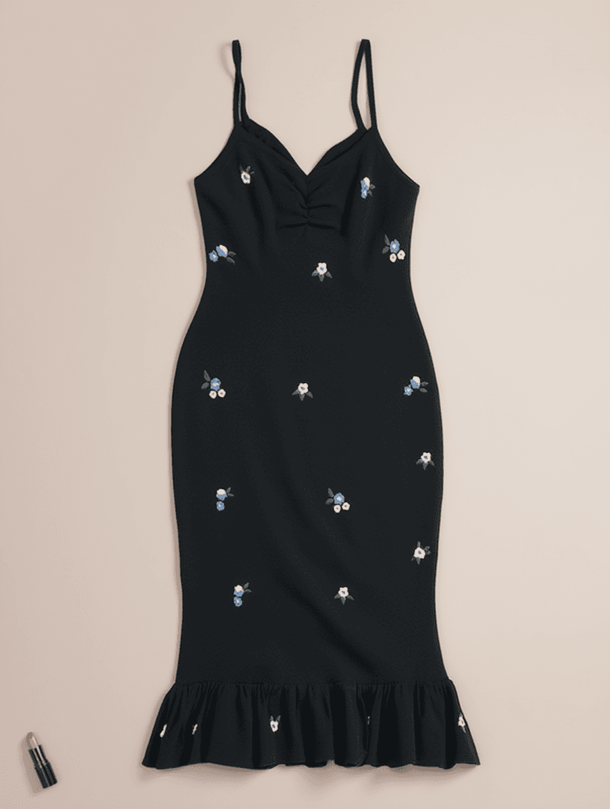 Vestido Negro de Punto con Bordado Floral Azul