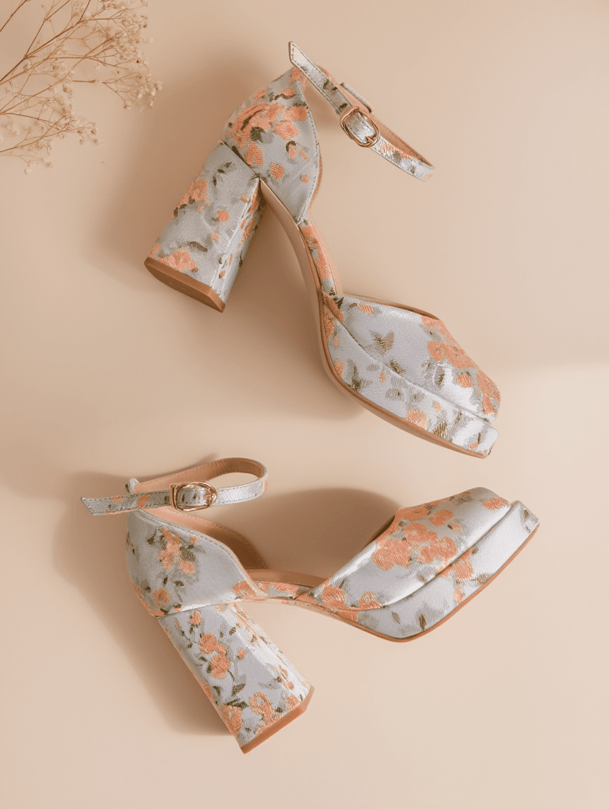 Tacones de Bloque Florales con Correa al Tobillo