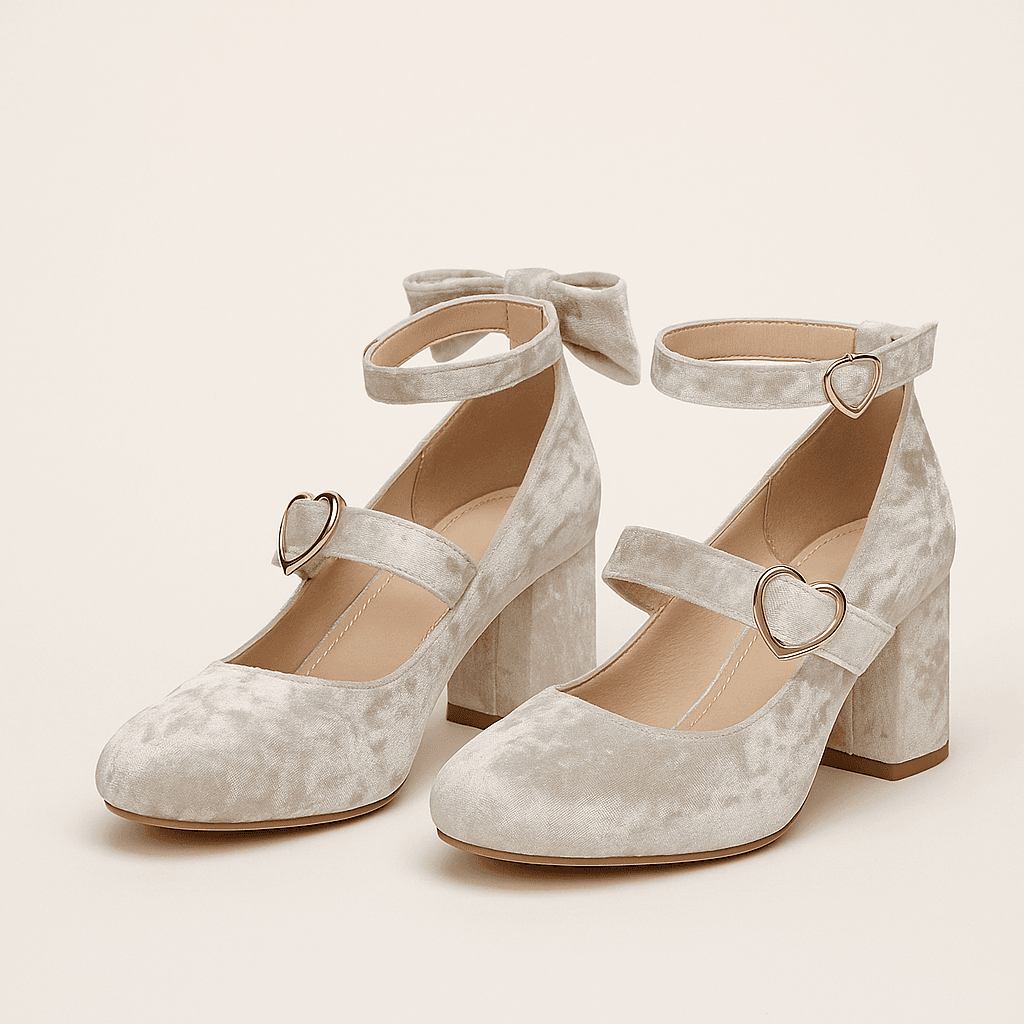 Tacones Mary Jane de Terciopelo con Hebilla de Corazón